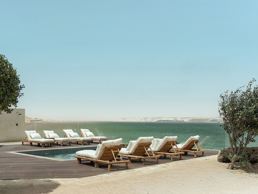 Outdoor pool, pool umbrellas, pool loungers