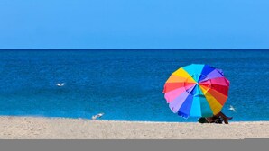 Ein Strand mit einem bunten Sonnenschirm und einer Person, die darunter sitzt.