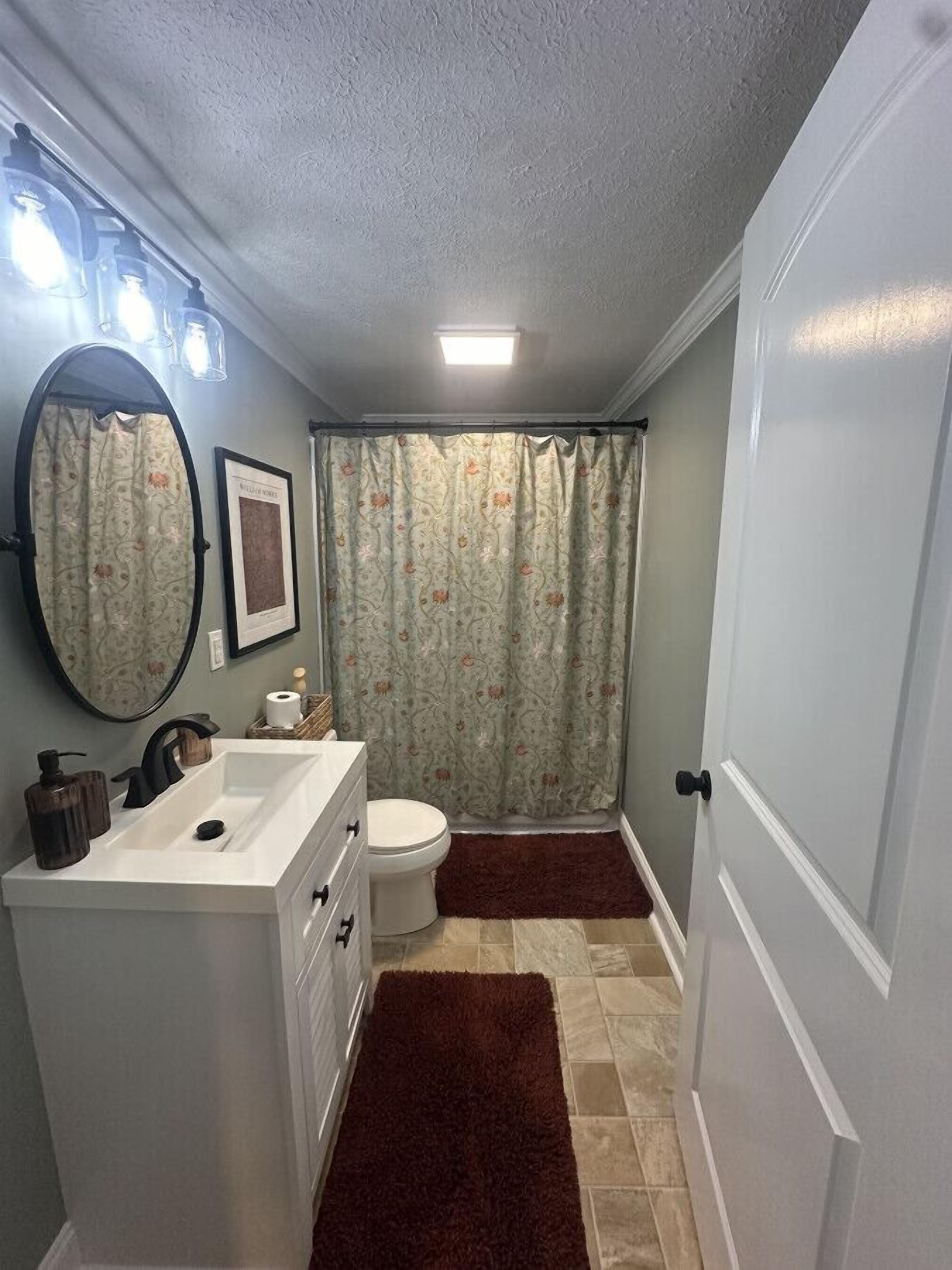 A bathroom with a white vanity, a toilet, a shower curtain, and a dark brown rug.