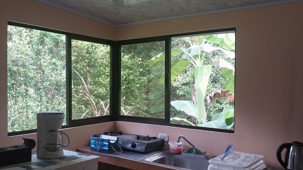 Habitación con un ventanal grande que da a un bosque denso y verde. Hay una cafetera sobre una mesa y un hervidor en el suelo.