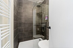 Une salle de bain avec une douche, des toilettes et une baignoire.