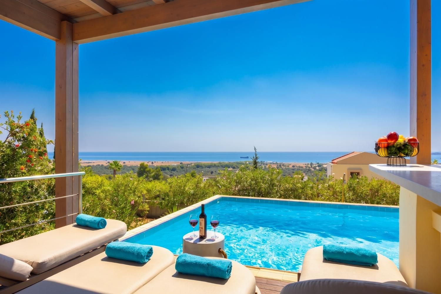 Zona junto a la piscina con sillones de descanso, una mesa con vasos y vista al mar.