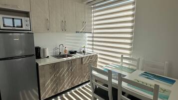 Fridge, microwave, stovetop, electric kettle