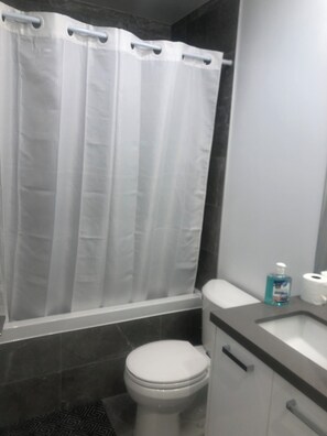 Secador de cabelo, toalhas de banho, sabonete, shampoo