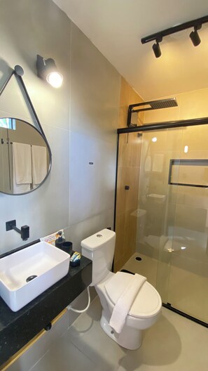Secadora de cabello, toallas, jabón, papel de baño 