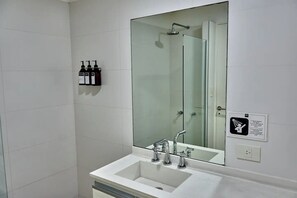 Shower, hair dryer, bidet, towels