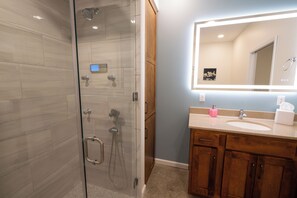 Shower, hair dryer, towels
