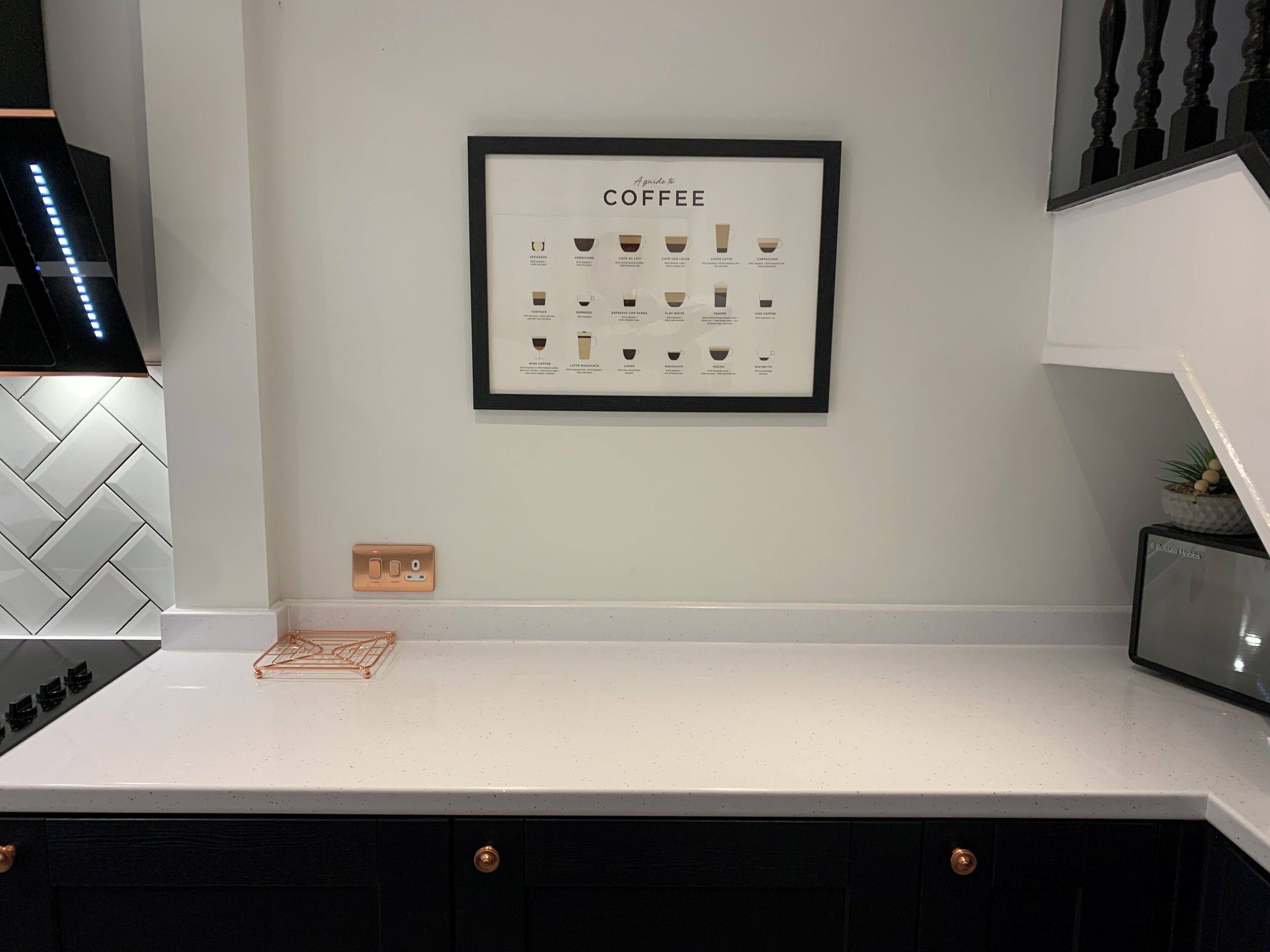 A kitchen with a framed coffee guide on the wall, a countertop, and a modern stove.