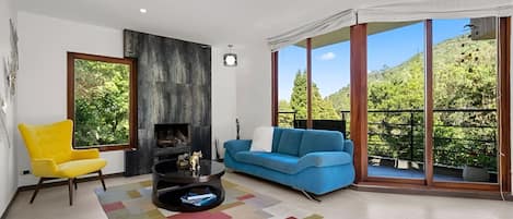 Televisión, chimenea, mesa de ping pong, libros