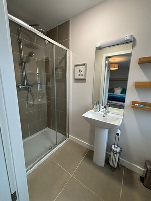 Shower, jetted tub, hair dryer, towels