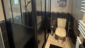 Et moderne badeværelse med en glasafskærmet brusekabine, et toilet og en håndklædestang.