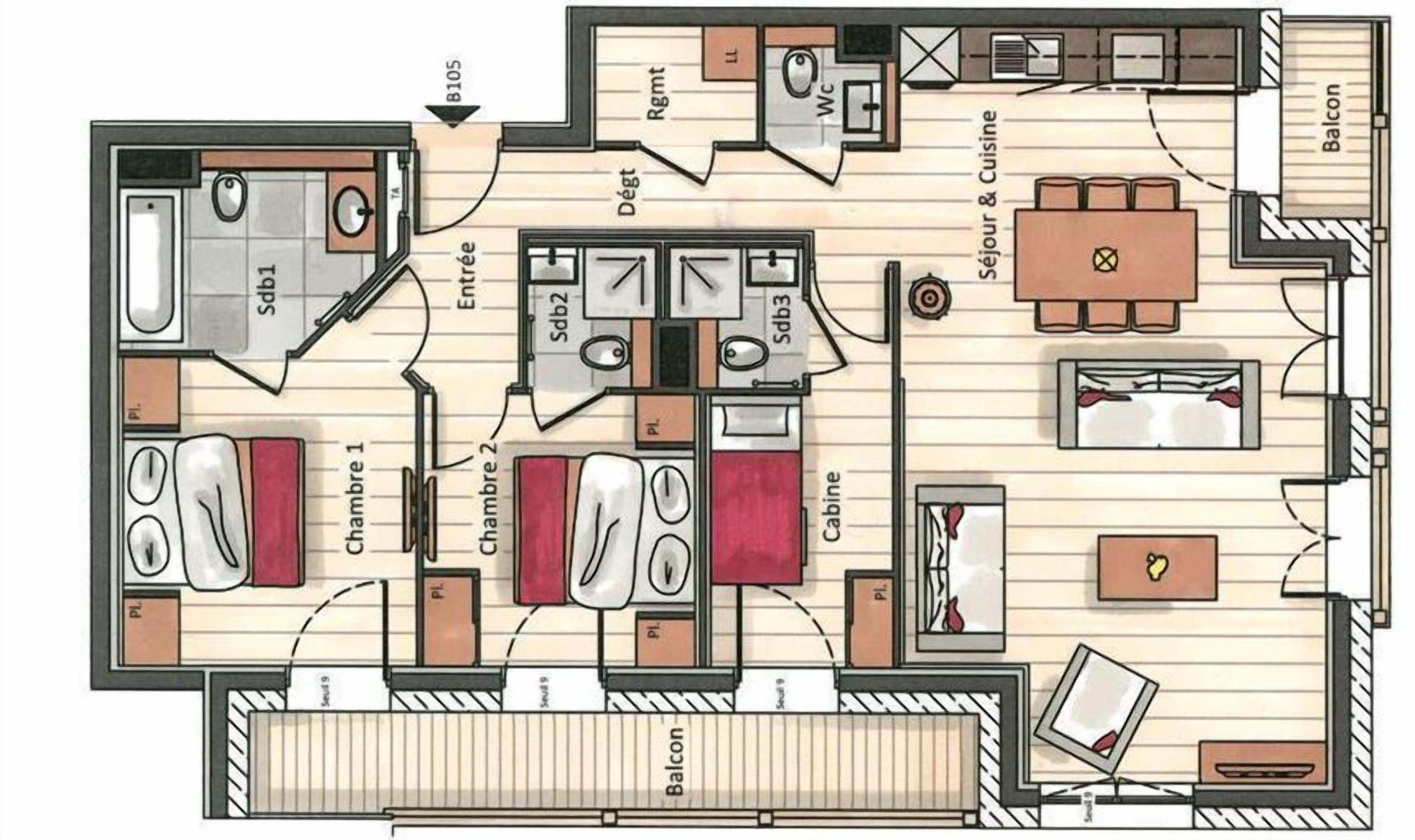 A hotel layout with multiple bedrooms, a living area, a balcony, and a kitchenette.