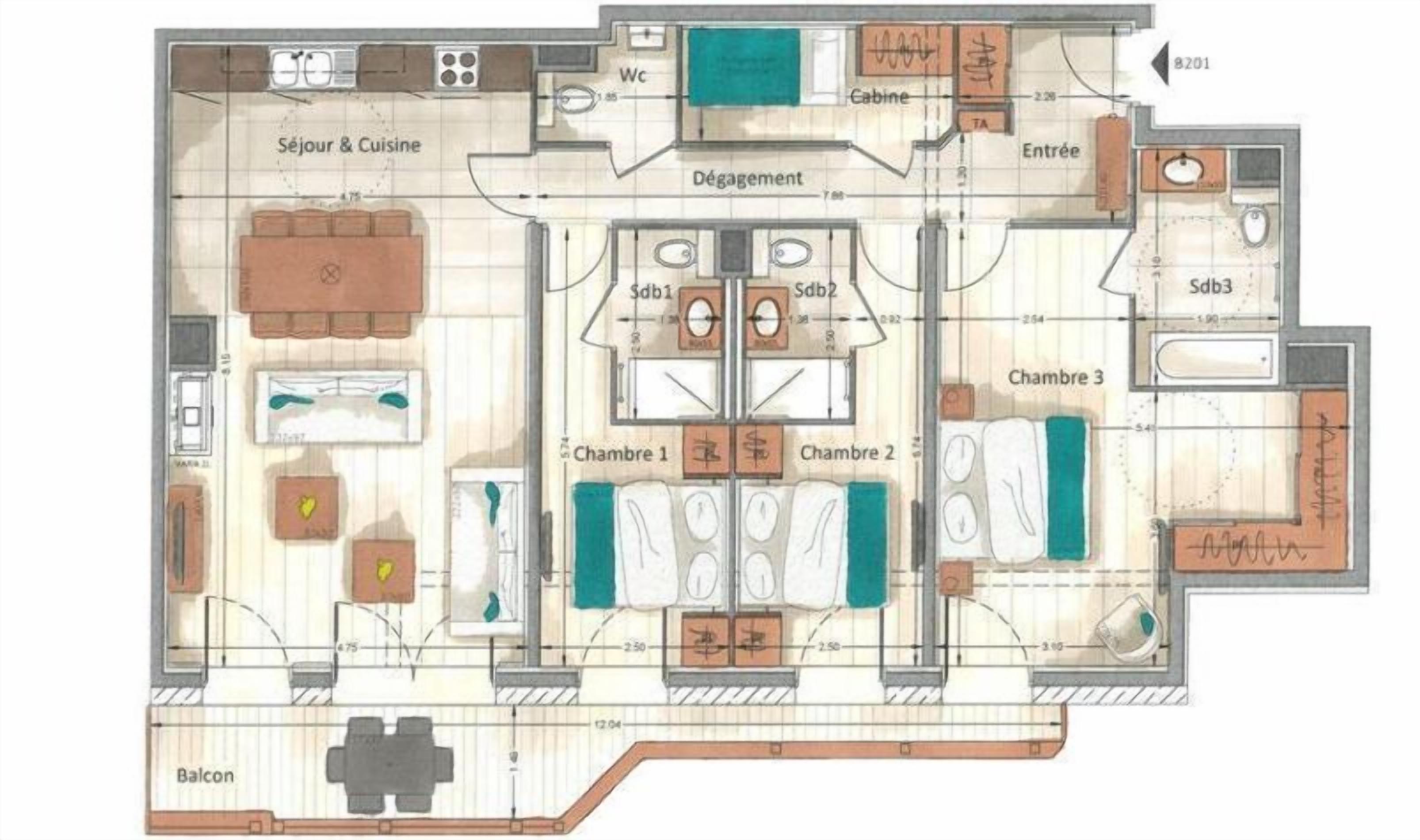 A floor plan of a hotel with separate living areas, a balcony, and a swimming pool.