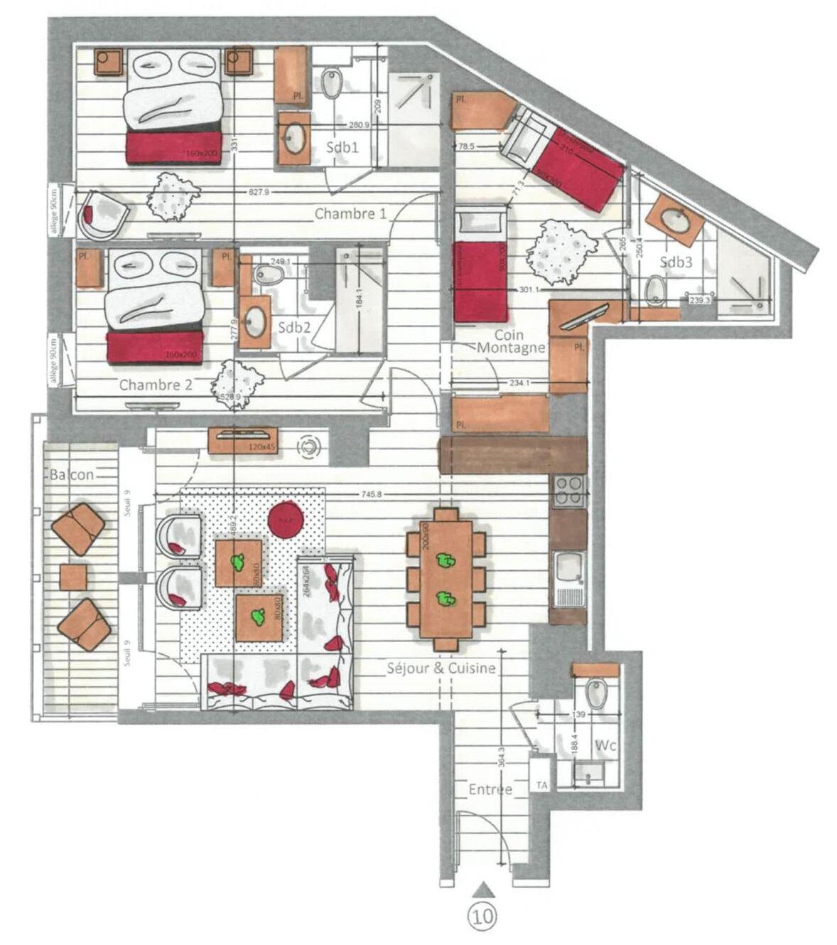Plano de un hotel con dos dormitorios, un balcón, comedor, cocina, baño y sala de estar.