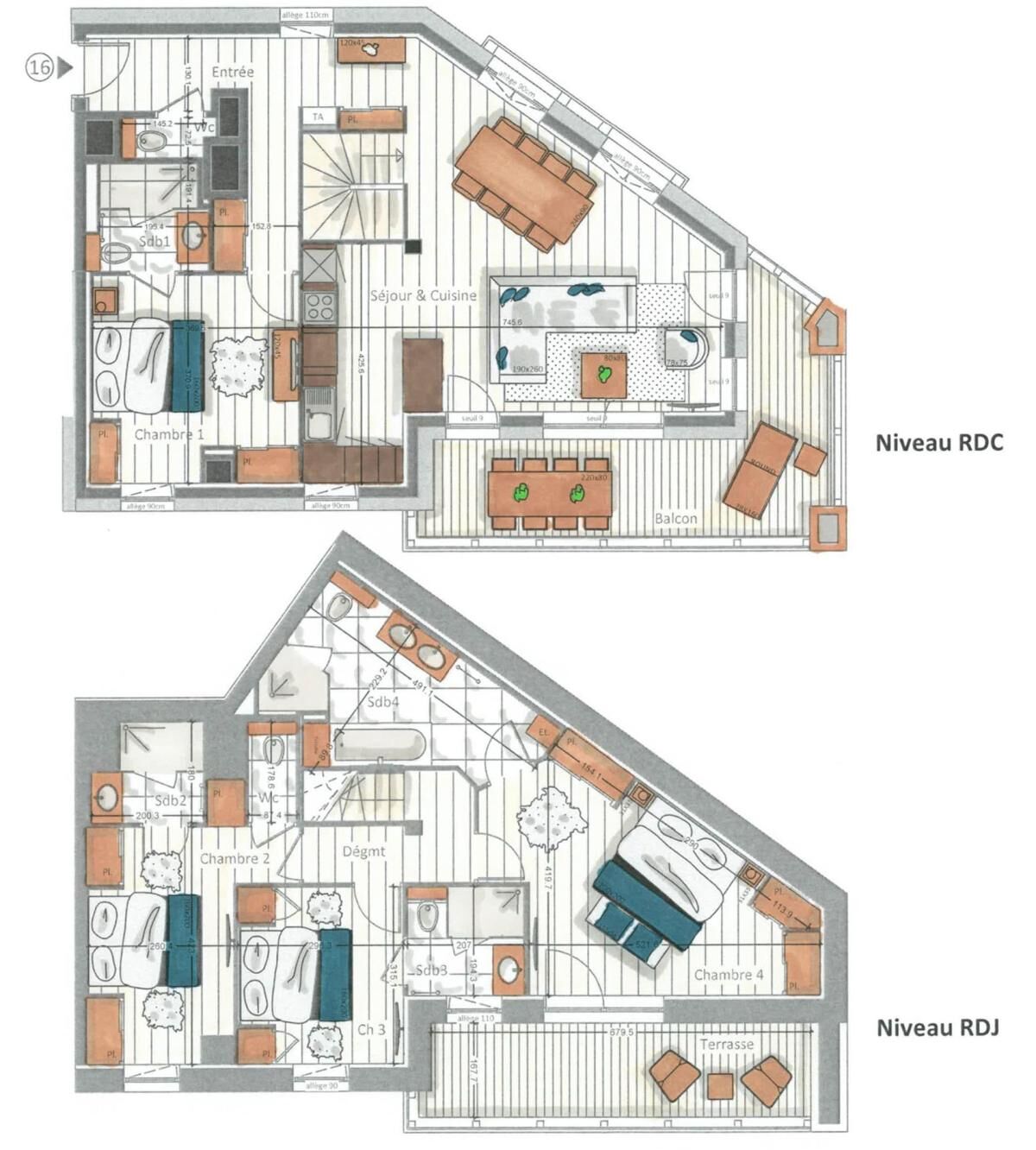 A floor plan of a building with two levels, RDC and RDJ, including living areas, bedrooms, a balcony, and a terrace.