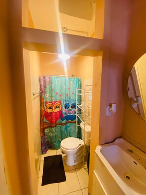 Shower, towels, soap, toilet paper