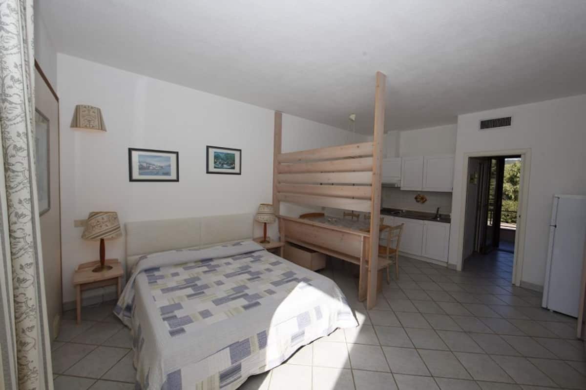 Une chambre à coucher comprenant un lit, des tables de chevet, un bureau en bois et un coin cuisine.