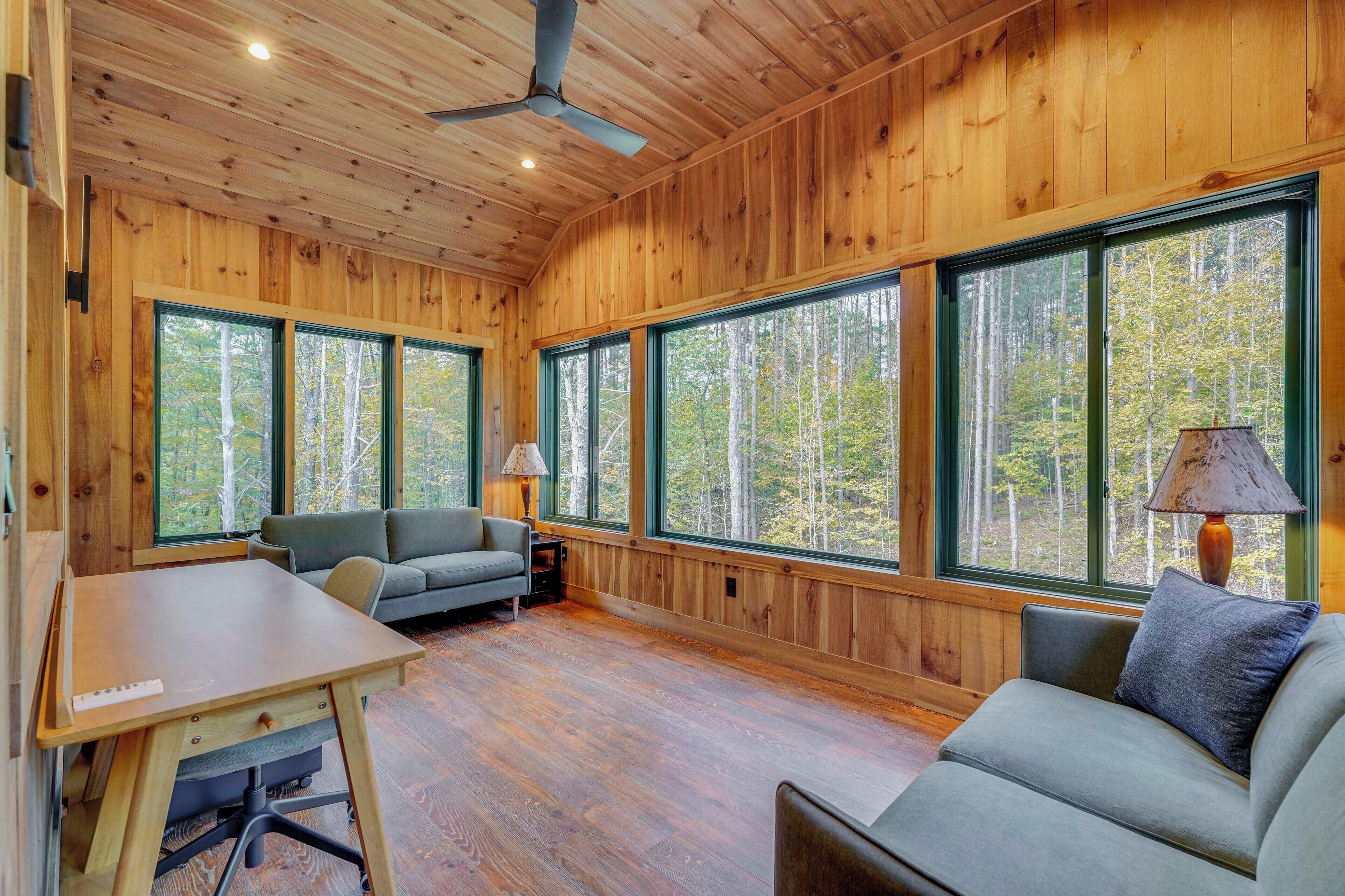 TV, fireplace, books, offices