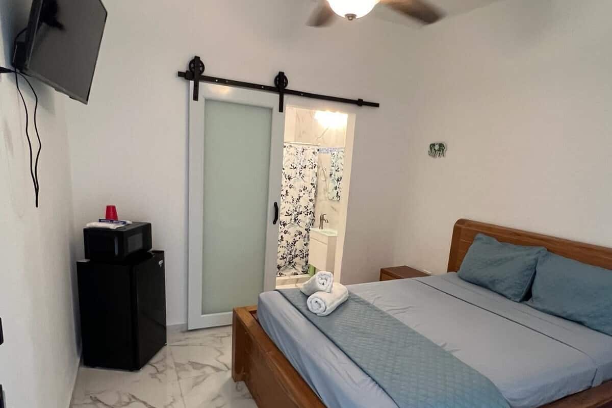 Ein Schlafzimmer mit Bett, Deckenventilator, Fernseher, einem kleinen Schreibtisch und einer Badezimmertür.