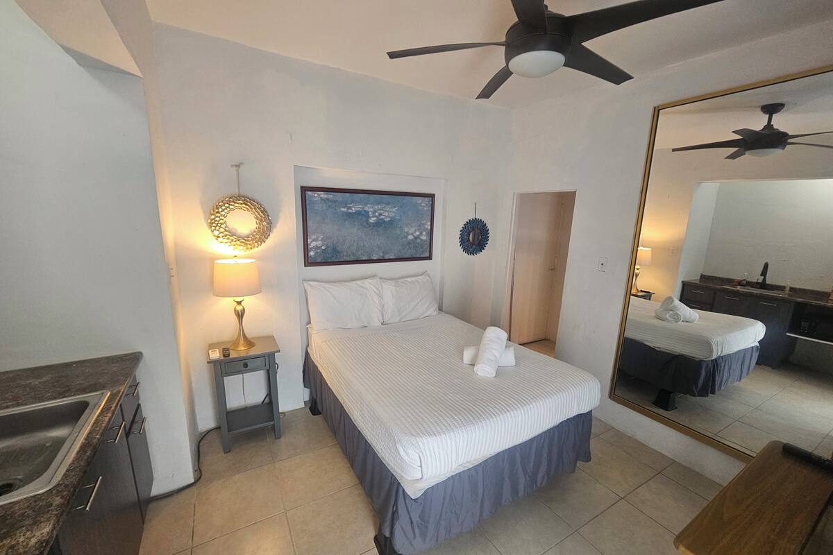 Ein Hotelzimmer mit Bett, Schreibtisch, Spiegel, Deckenventilator und einem Bild an der Wand.