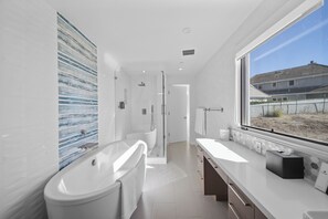 Hair dryer, towels, soap, shampoo