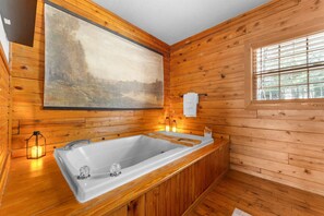 Shower, jetted tub, hair dryer, towels