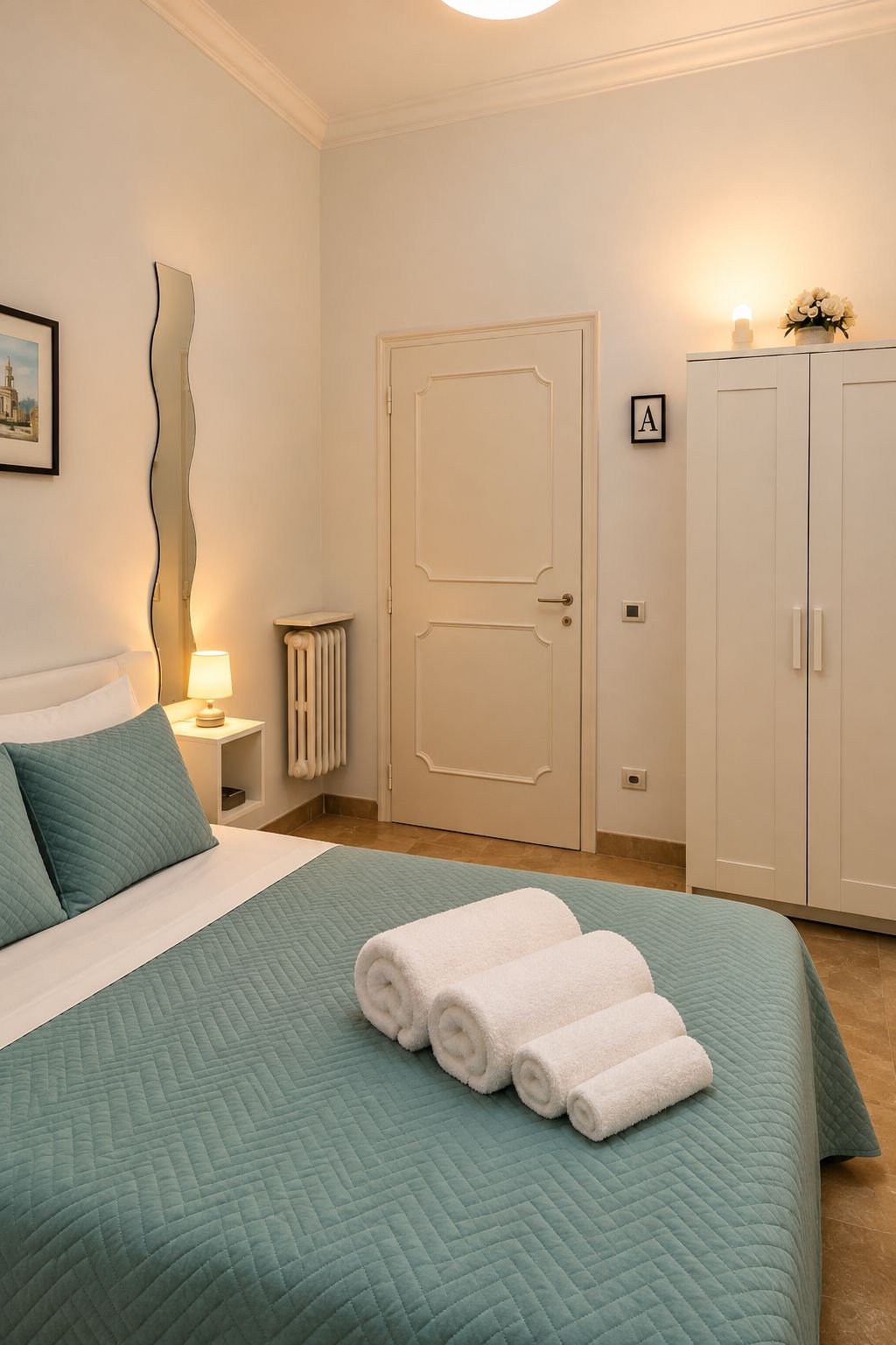 Een slaapkamer met een bed, een deur, een radiator, een kast en een wandlamp.