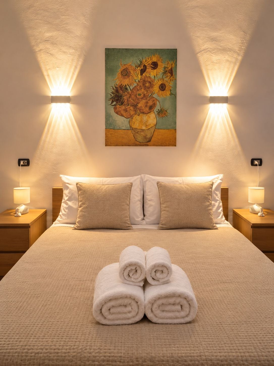 A hotel room with a bed, two bedside lamps, a painting of sunflowers, and rolled towels on the bed.