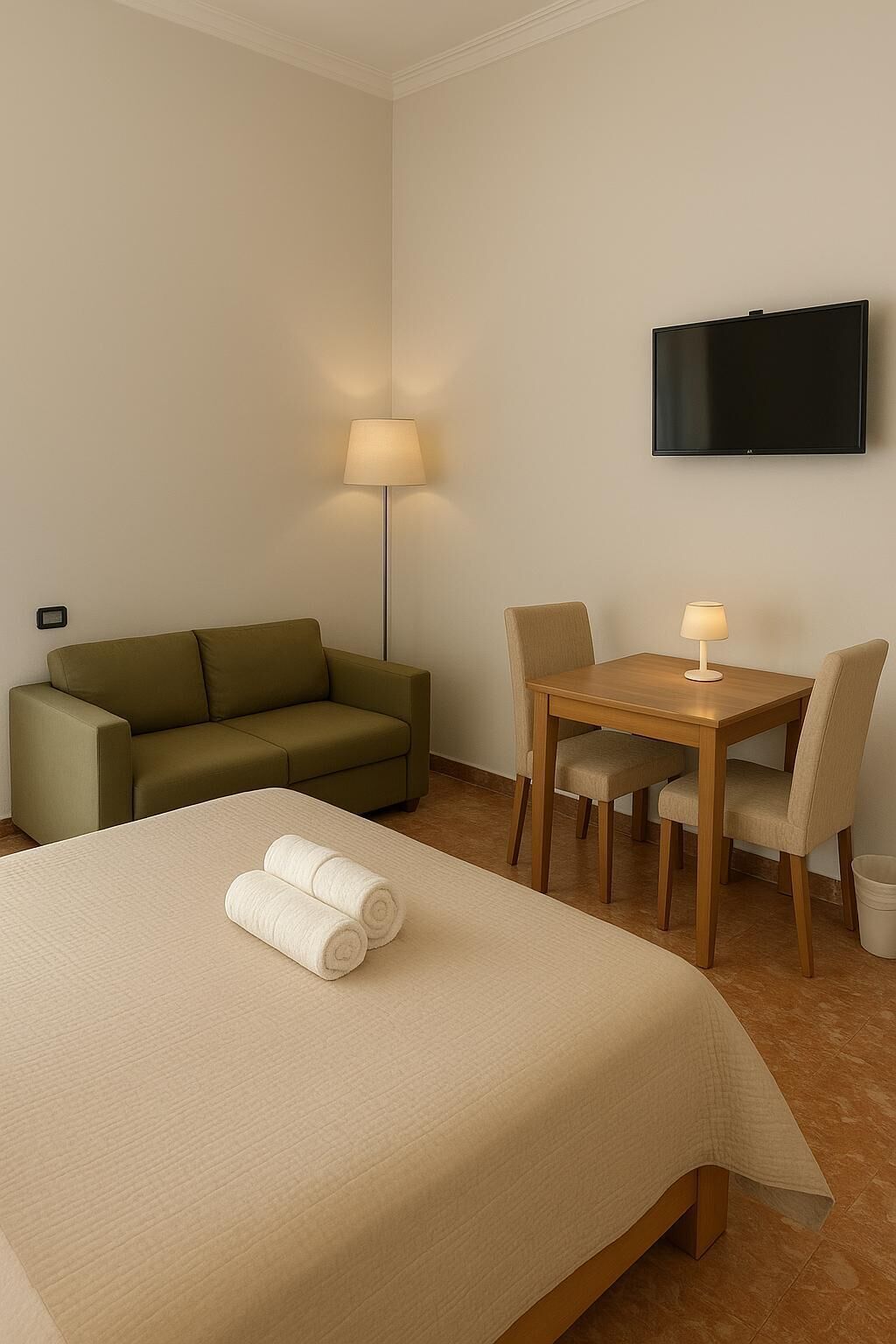 Una habitación de hotel con una cama, un sofá, una mesa de comedor con sillas, un televisor y una lámpara de pie.