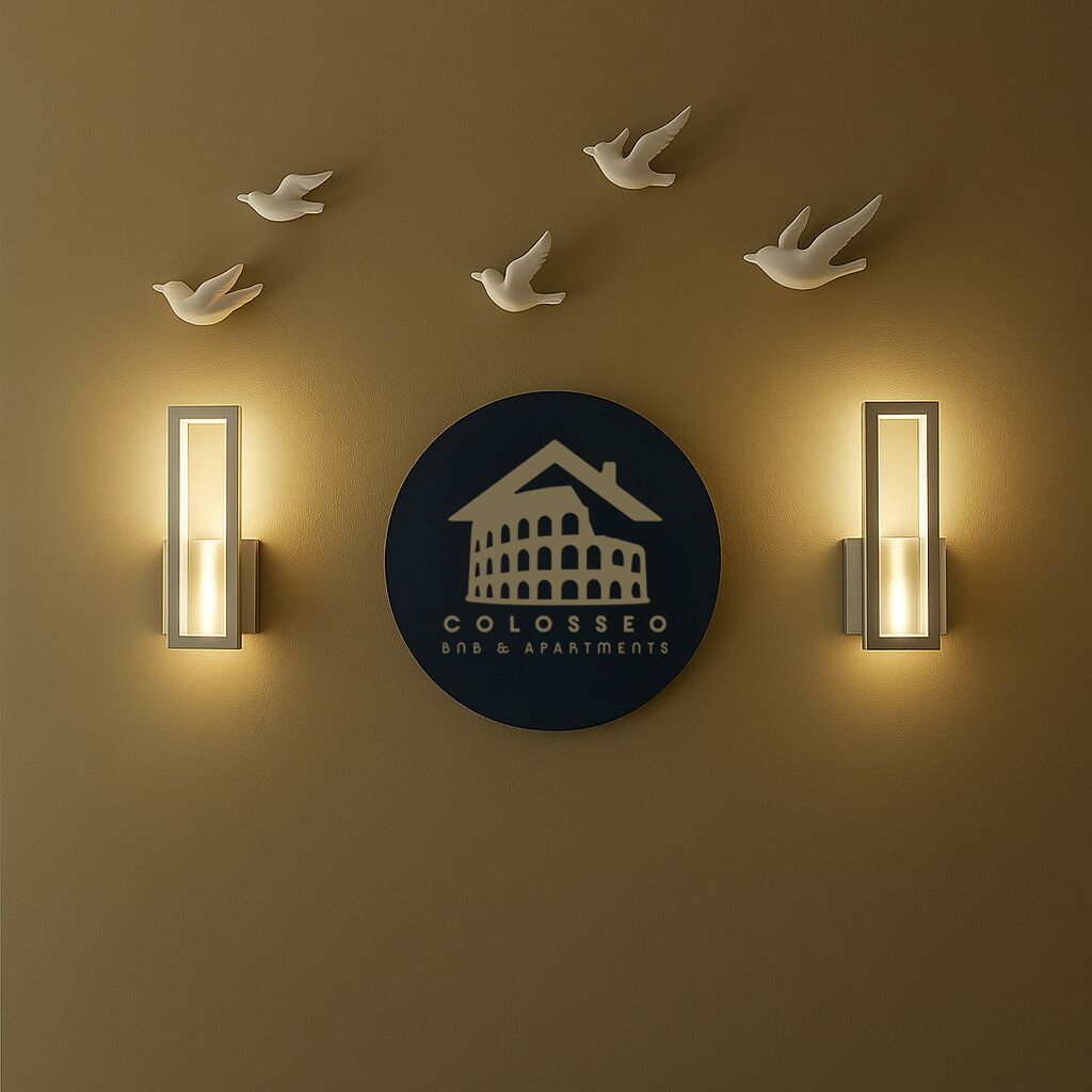 Eine an der Wand befestigte Schilder mit einem Gebäude-Symbol und dem Text "Colosseo BNB & Apartments".
