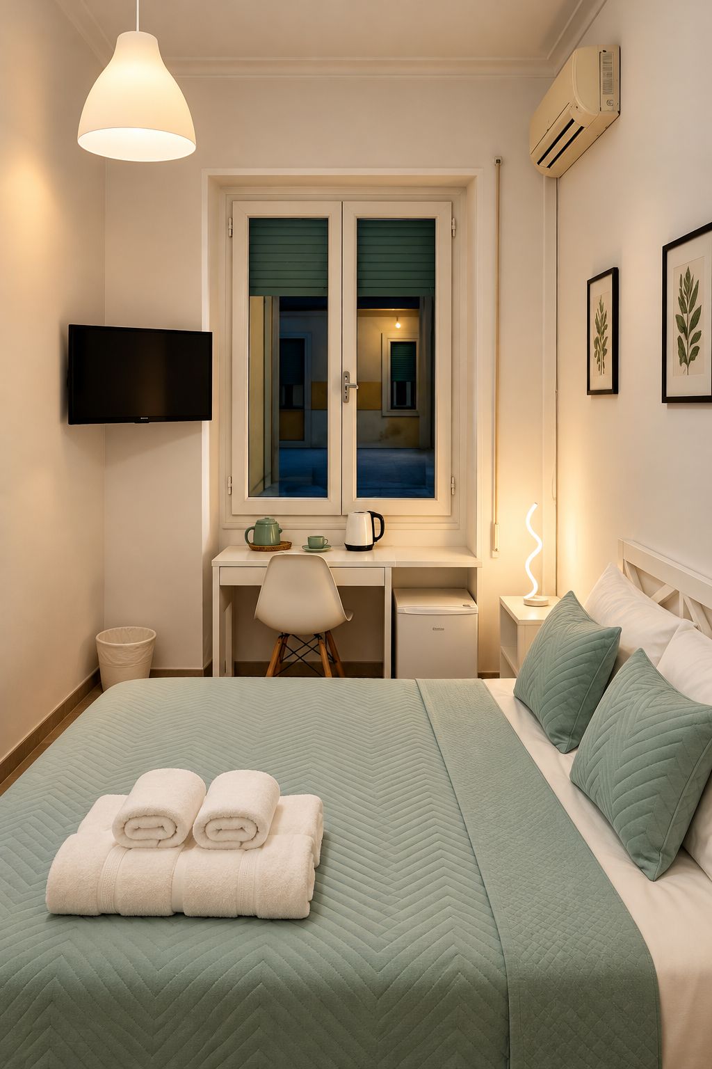A hotel room with a bed, a desk, a television, and an air conditioning unit.