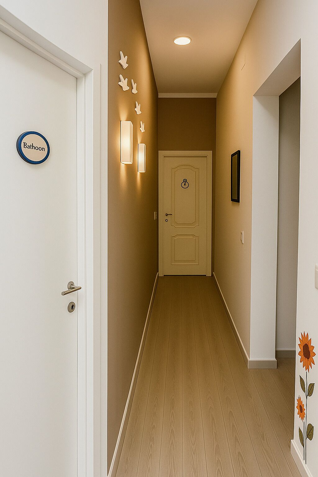 A hallway with a 'Bathroom' sign, a door with a keyhole, and a wall-mounted light fixture.
