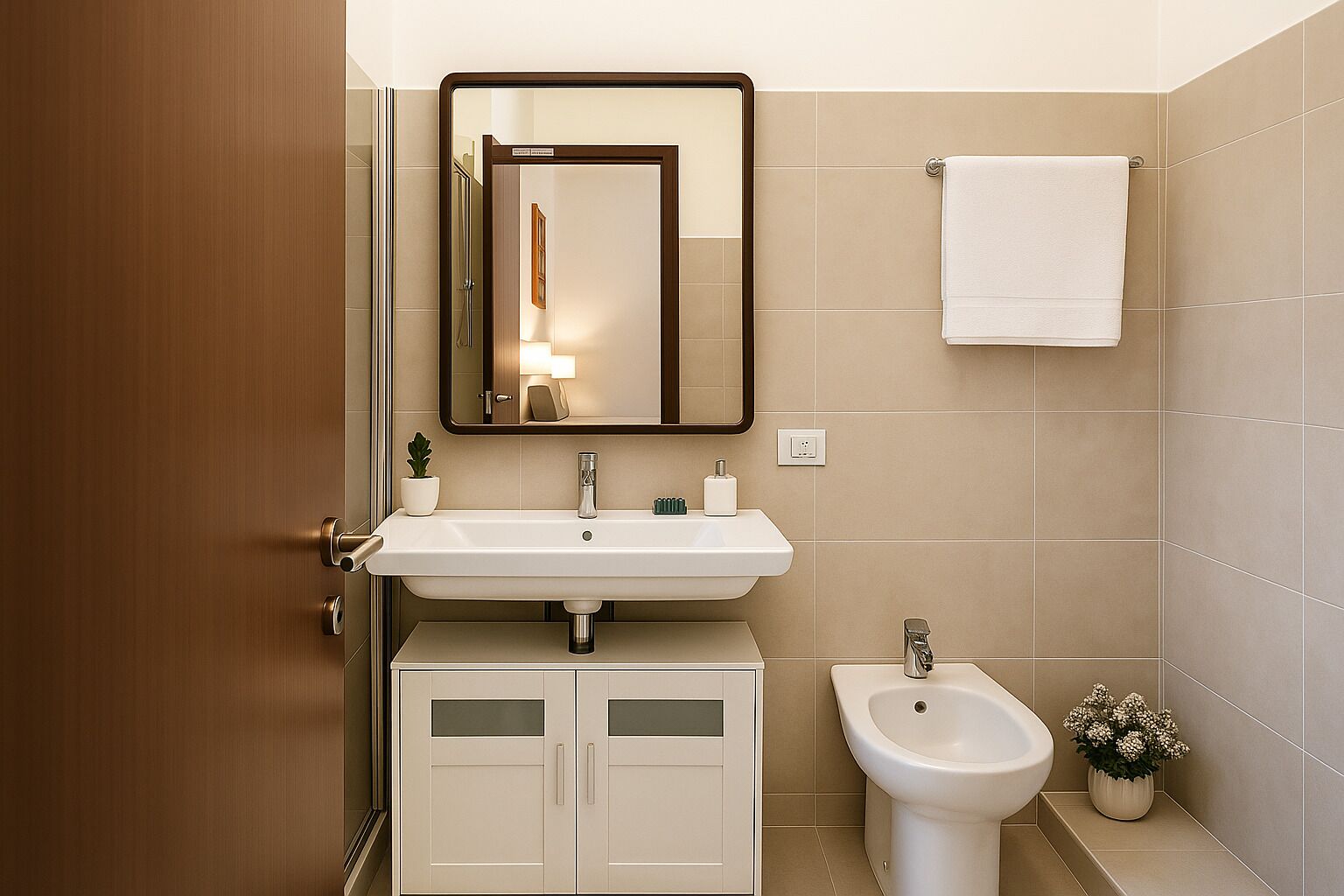 A modern bathroom with a sink, mirror, bidet, and cabinets.