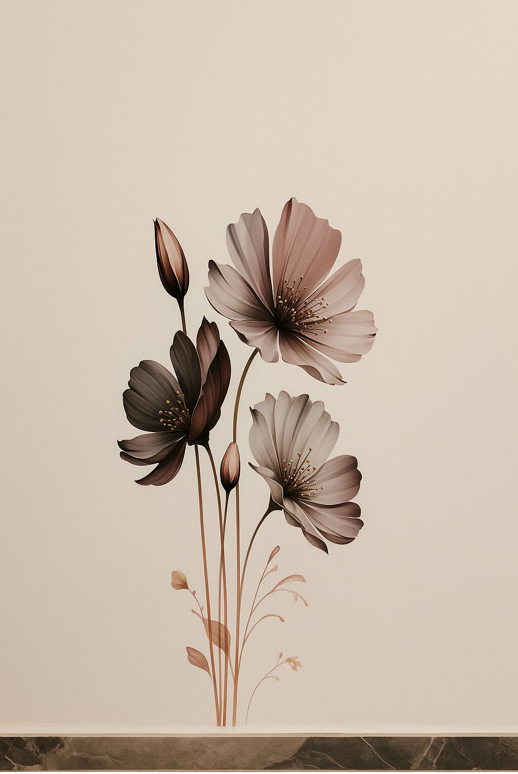 A still life of three flowers with a plain background.