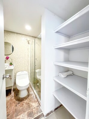 Regadera, toallas, papel de baño
