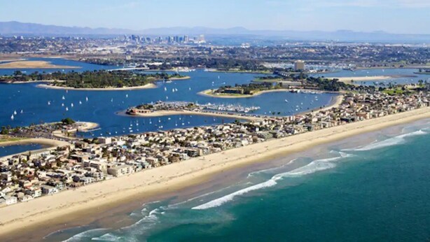 An aerial view of a coastal city with a beach, marina, and urban area. - Beach Front Home, Hot Tub, View, Parking! (San Diego)