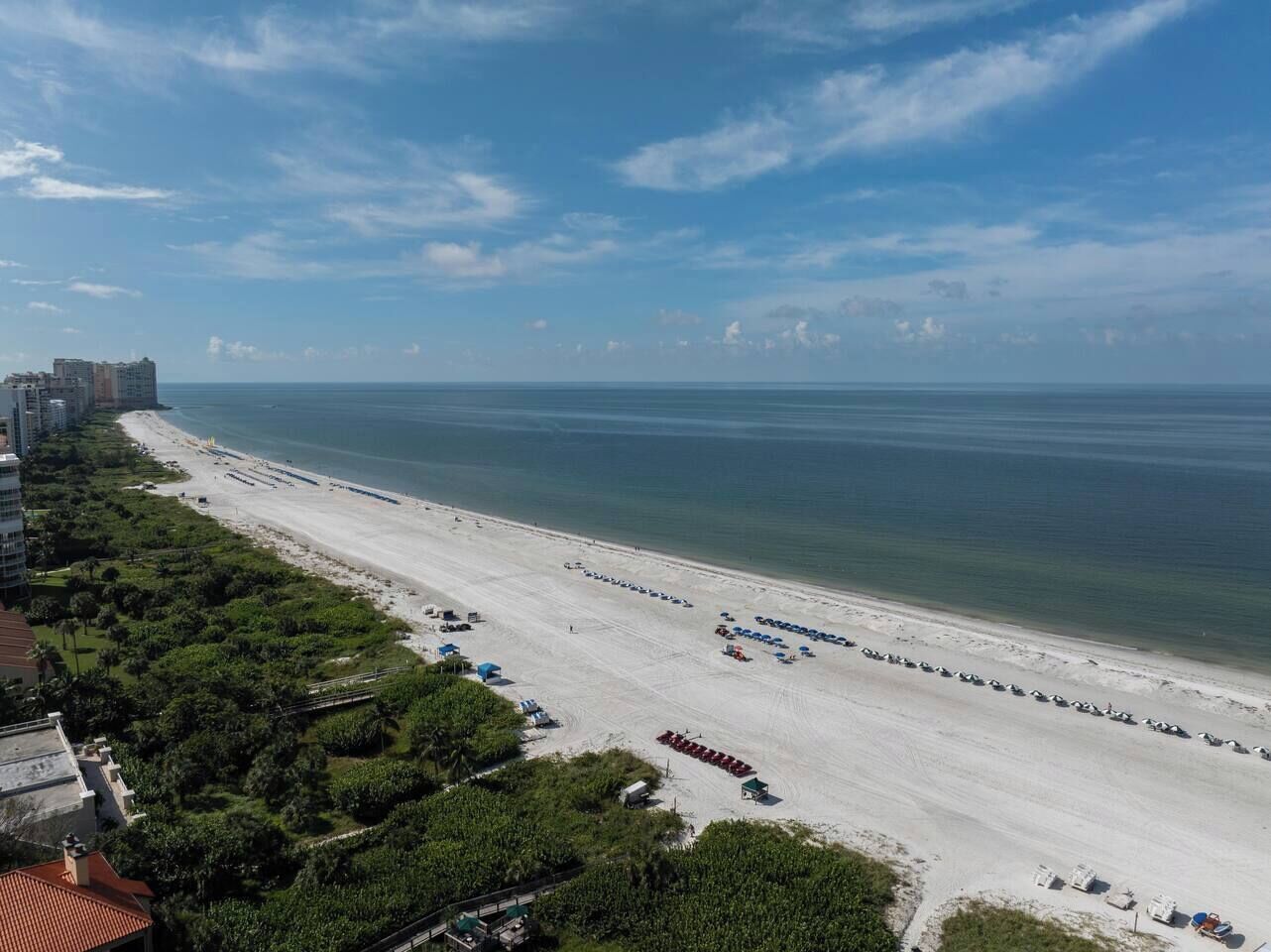A beach with rows of sun loungers and umbrellas, a clear sky, and buildings in the background.