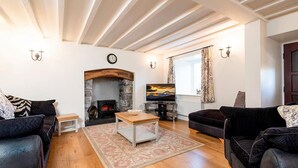 Una sala de estar acogedora con chimenea, televisor y asientos cómodos.