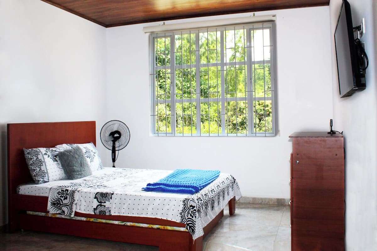 A bedroom with a bed, a fan, a window, and a TV on the wall.