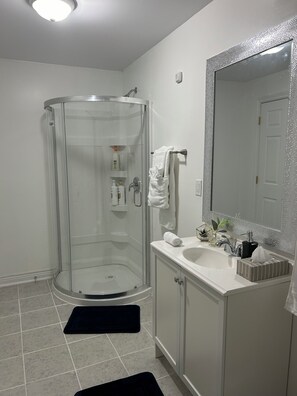 Shower, hair dryer, towels, soap