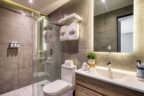 Suite Premium | Baño | Ducha, cabezal de ducha tipo lluvia, secador de pelo y toallas