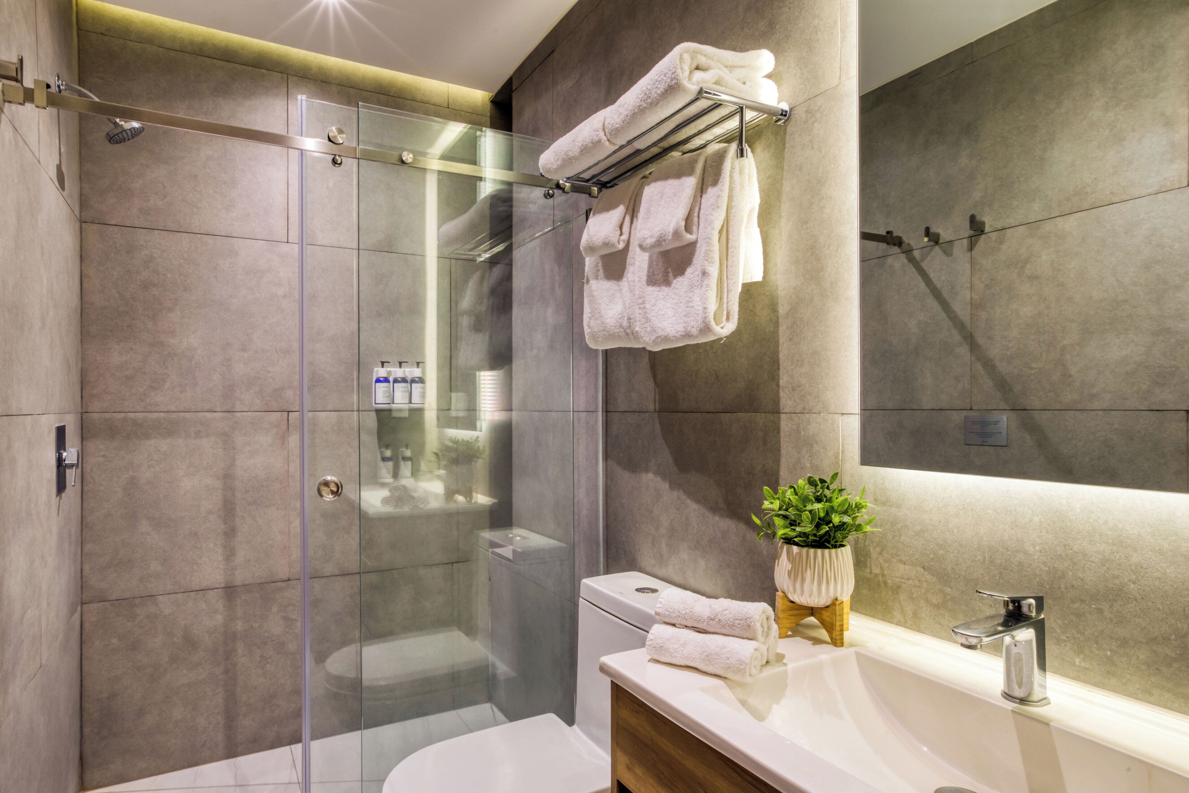 Un baño moderno con ducha envuelta en vidrio, inodoro blanco, lavamanos con espejo y una planta en maceta.