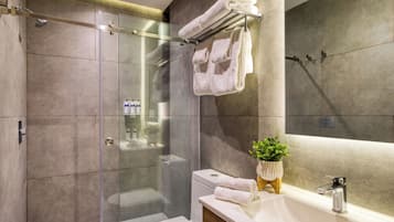 Un baño moderno con ducha envuelta en vidrio, inodoro blanco, lavamanos con espejo y una planta en maceta.