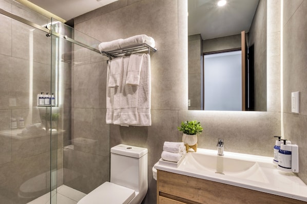 Un baño moderno con ducha envuelta en vidrio, inodoro blanco, tocador con lavabo y espejo.