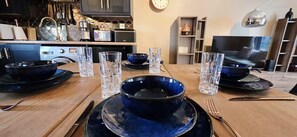 Fridge, microwave, oven, cookware/dishes/utensils