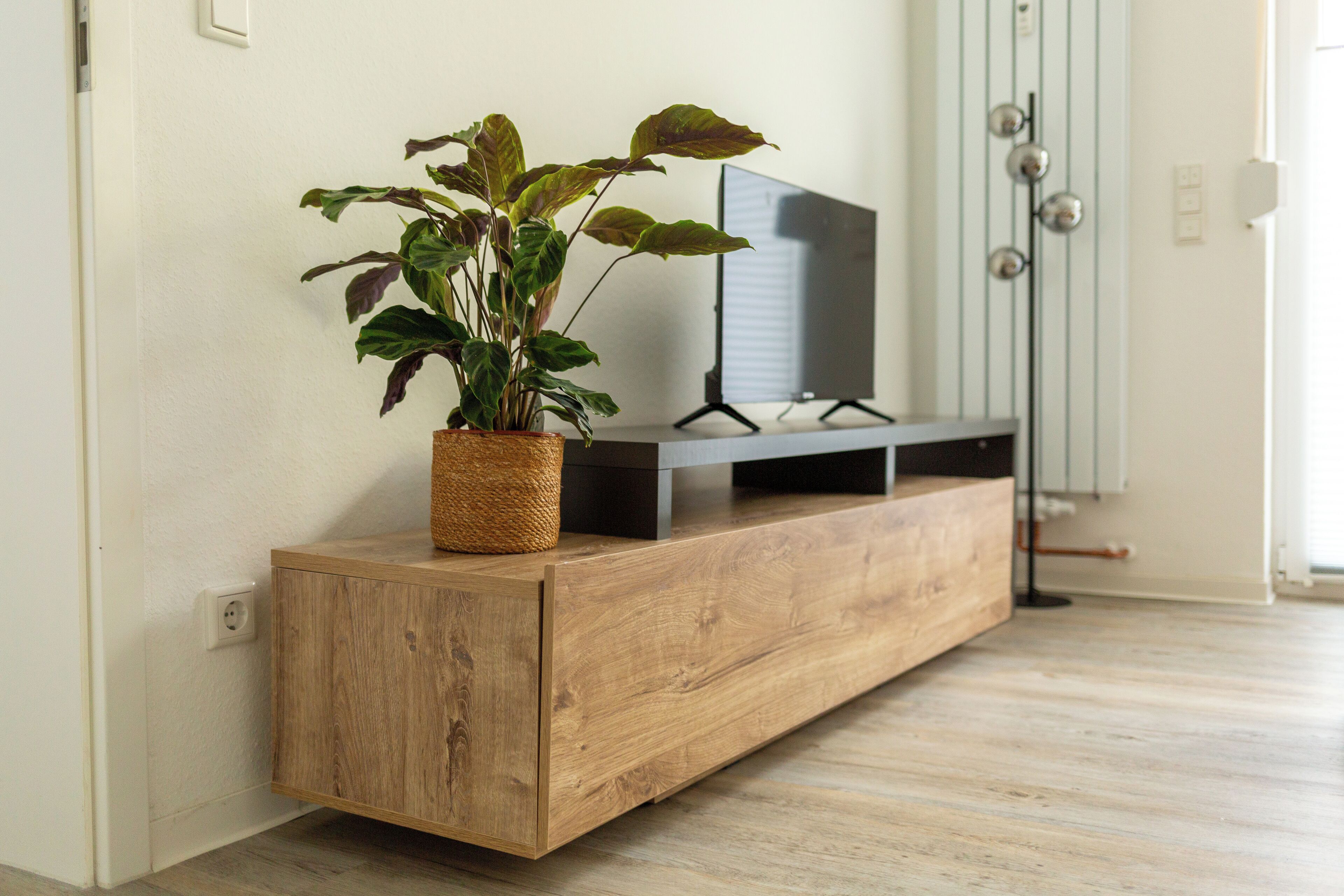 Un mueble de televisión de madera con una planta, un televisor de pantalla plana y un radiador al fondo.