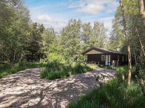 Une cabane entourée d’une forêt dense, avec un chemin de gravier menant à l’entrée.