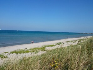 A beach with a clear sky, calm sea, and grassy dunes. - 4 Person Holiday Home in Laeso (Læsø)