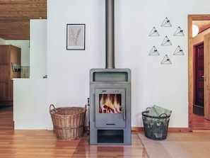 Un poêle à bois avec un feu, une estampe botanique encadrée et un mur décoré d’œuvres d’art géométriques.