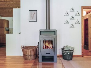 Un salon moderne avec un poêle à bois, une estampe botanique encadrée et un luminaire fixé au mur.